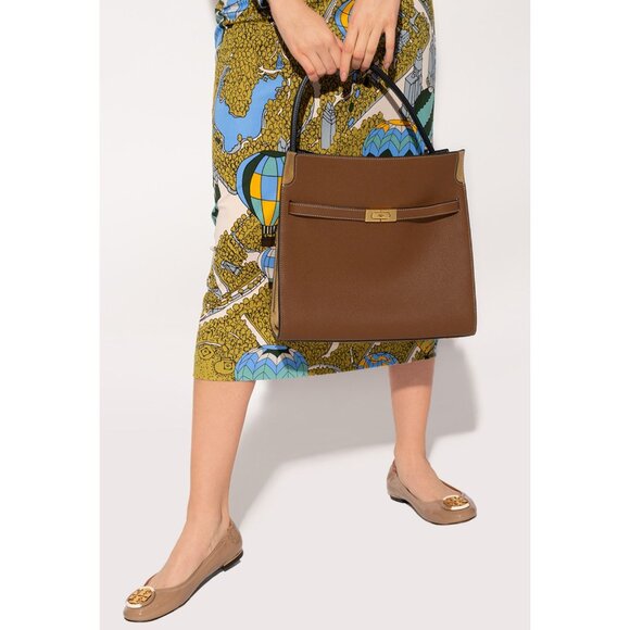 Tory Burch Lee Radziwill Double Bag Tiger's Eye Brown Black Large Leather